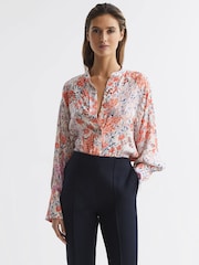 Reiss Coral/White Hallie Meadow Print Split Cuff Shirt - Image 1 of 5