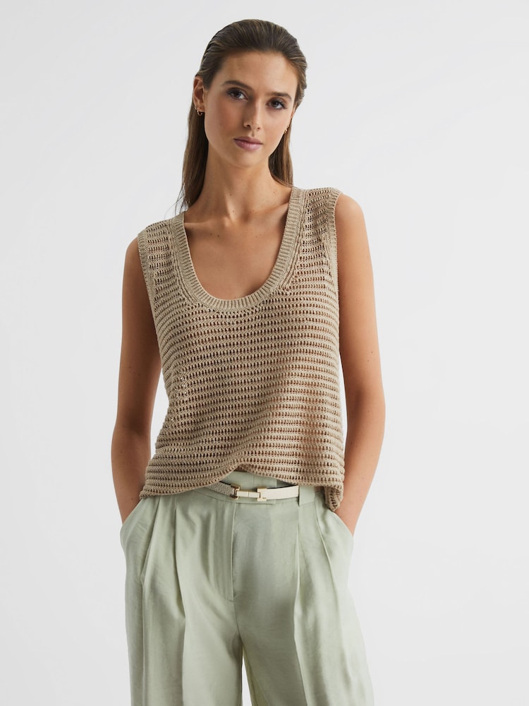 Reiss Neutral Ava Linen Open Stitch Knitted Vest - Image 1 of 5