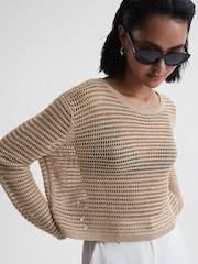 Reiss Neutral Avril Linen Open Stitch Crew Neck Jumper - Image 1 of 4