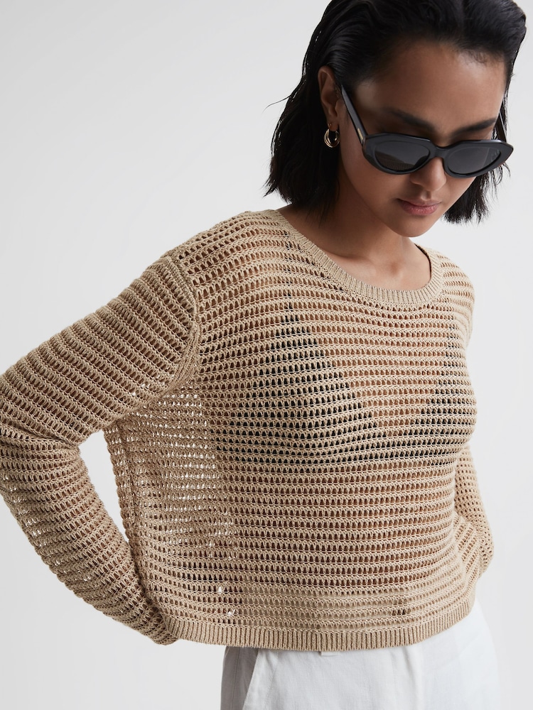 Reiss Neutral Avril Linen Open Stitch Crew Neck Jumper - Image 1 of 4