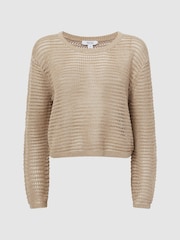 Reiss Neutral Avril Linen Open Stitch Crew Neck Jumper - Image 2 of 4