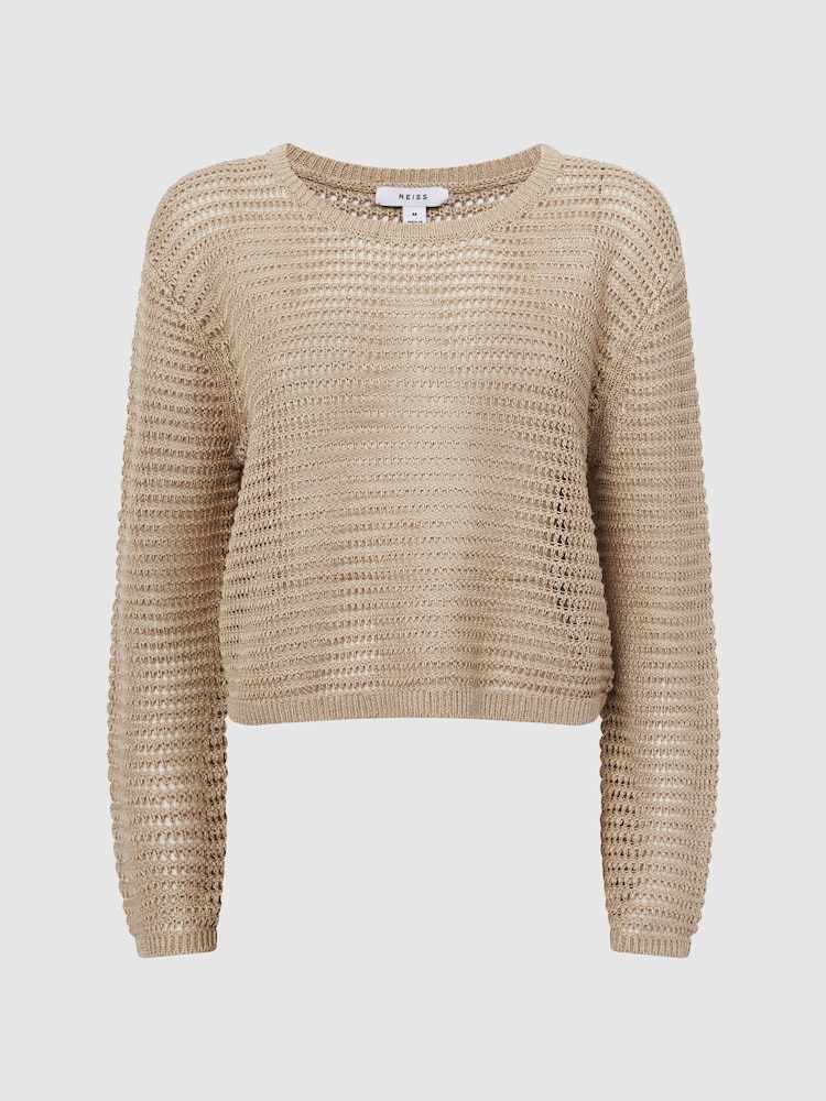Reiss Neutral Avril Linen Open Stitch Crew Neck Jumper - Image 2 of 4