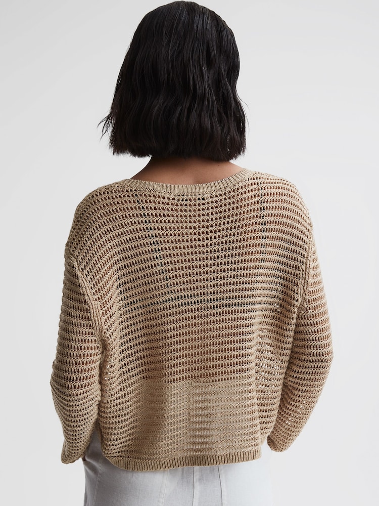 Reiss Neutral Avril Linen Open Stitch Crew Neck Jumper - Image 4 of 4