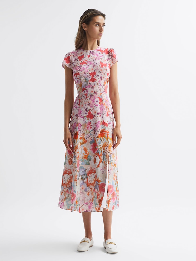 Reiss Pink Ivy Floral Print Midi Dress - Image 1 of 6
