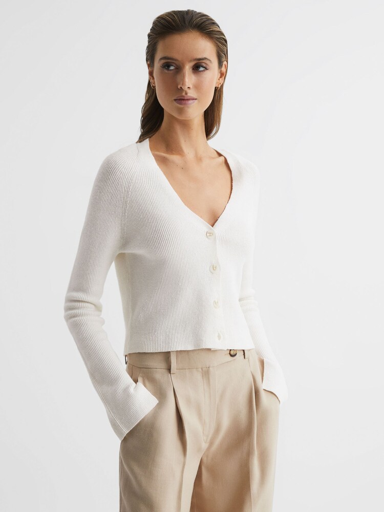 Reiss Ivory Celia Linen Blend Ribbed Cardigan - Image 1 of 6 Reiss Ivory Celia Linen Blend Ribbed Cardigan - Image 1 of 6