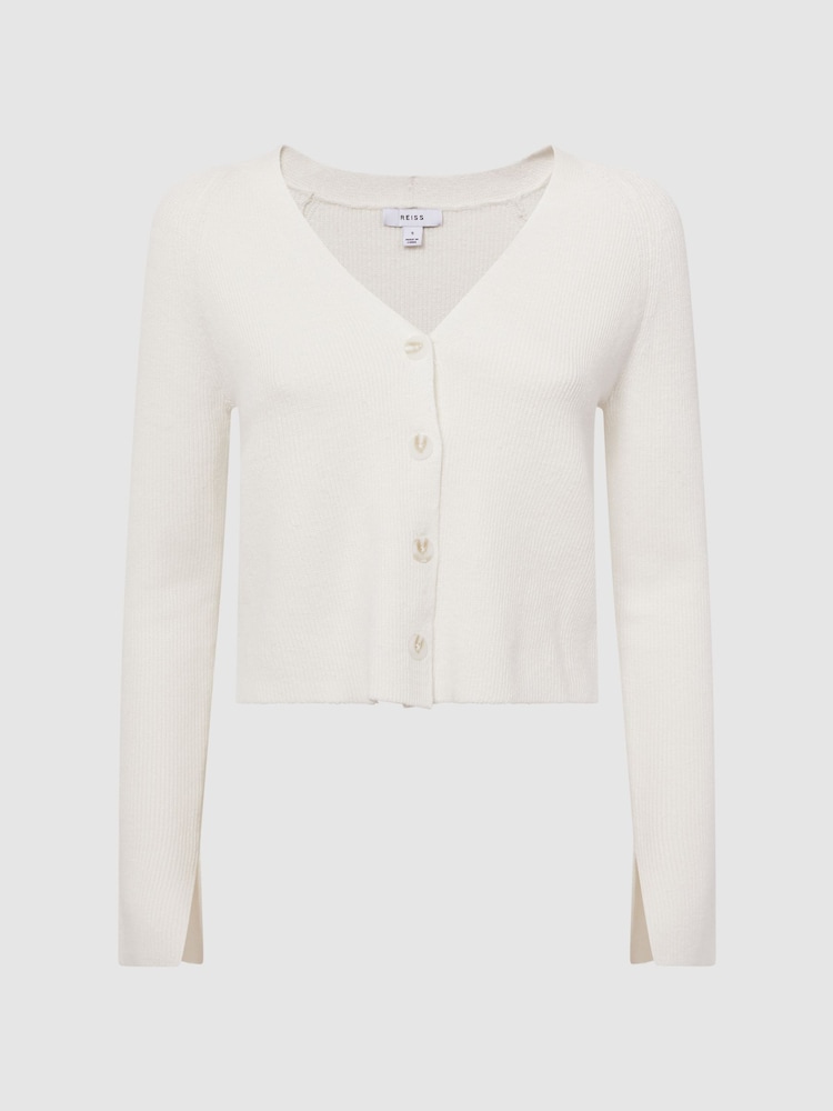 Reiss Ivory Celia Linen Blend Ribbed Cardigan - Image 2 of 6 Reiss Ivory Celia Linen Blend Ribbed Cardigan - Image 2 of 6