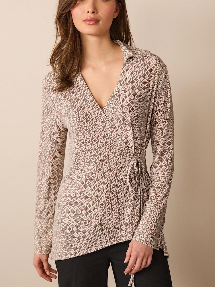 Ecru Cream/Brown Geo Printed Wrap Tunic Shirt - Image 1 of 6