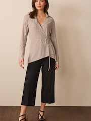 Ecru Cream/Brown Geo Printed Wrap Tunic Shirt - Image 2 of 6