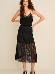 Black Lace Pleated Midi Skirt - Image 1 of 7