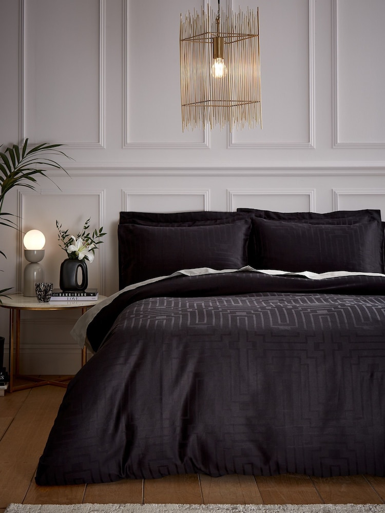Bianca Black Satin Geo Jacquard Cotton Duvet Cover and Pillowcase Set - Image 1 of 3