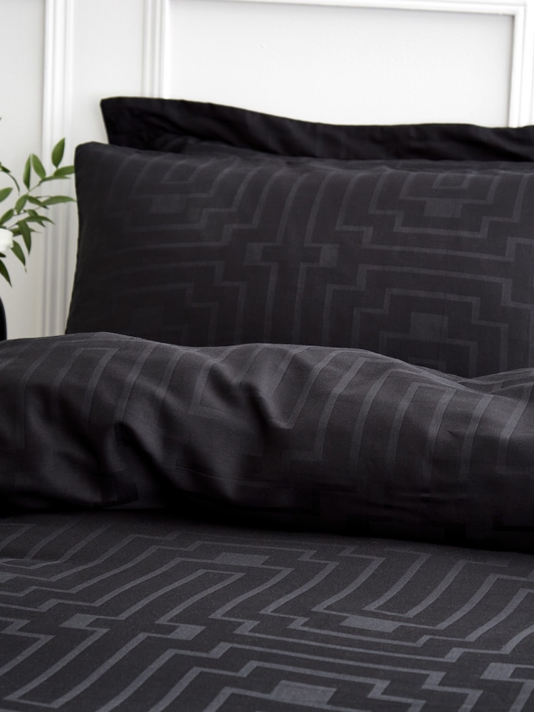 Bianca Black Satin Geo Jacquard Cotton Duvet Cover and Pillowcase Set - Image 2 of 3