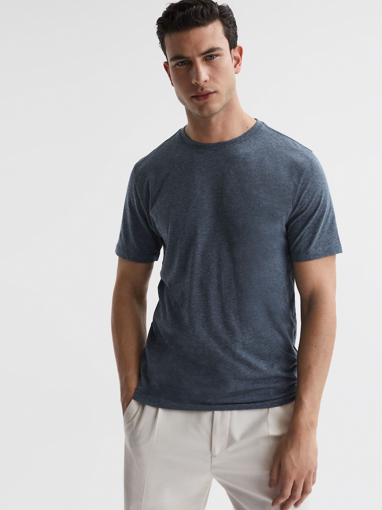 Reiss Airforce Blue Melange Bless Crew Neck T-Shirt - Image 1 of 6