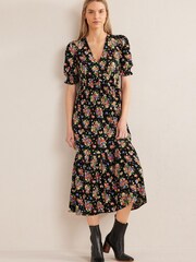 Boden Black Ruffle Detail Midi Tea Dress - Image 1 of 4