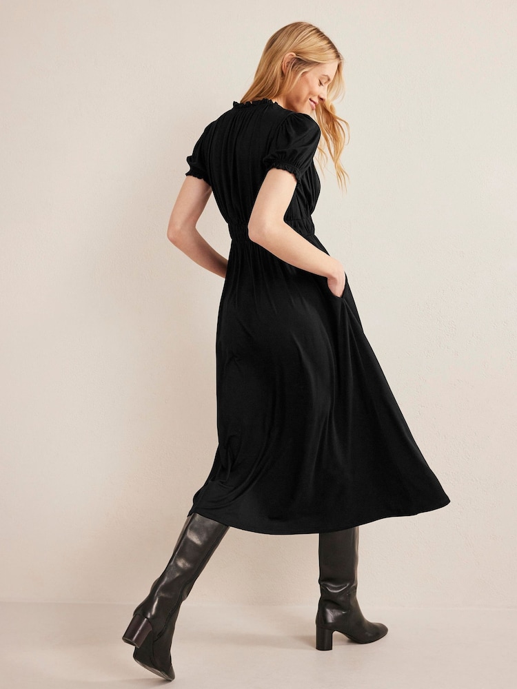 Boden Black Ruched Jersey Midi Tea Dress - Image 2 of 5 Boden Black Ruched Jersey Midi Tea Dress - Image 2 of 5