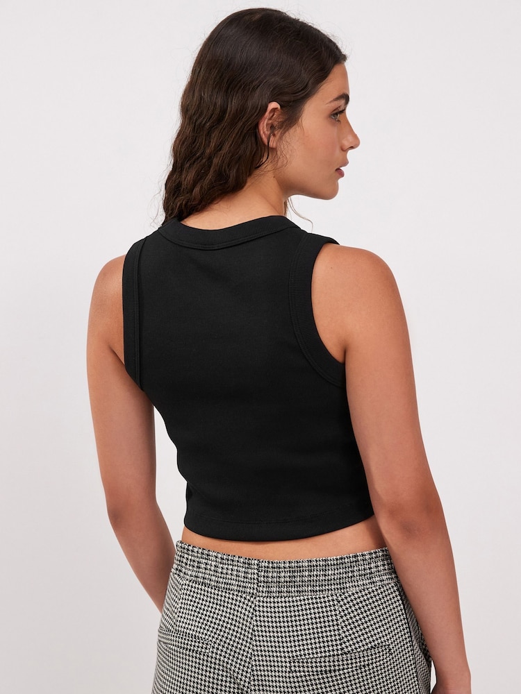 Black Ribbed Shorter length Sleeveless Racer Vest Tank Top - Image 2 of 5 Black Ribbed Shorter length Sleeveless Racer Vest Tank Top - Image 2 of 5