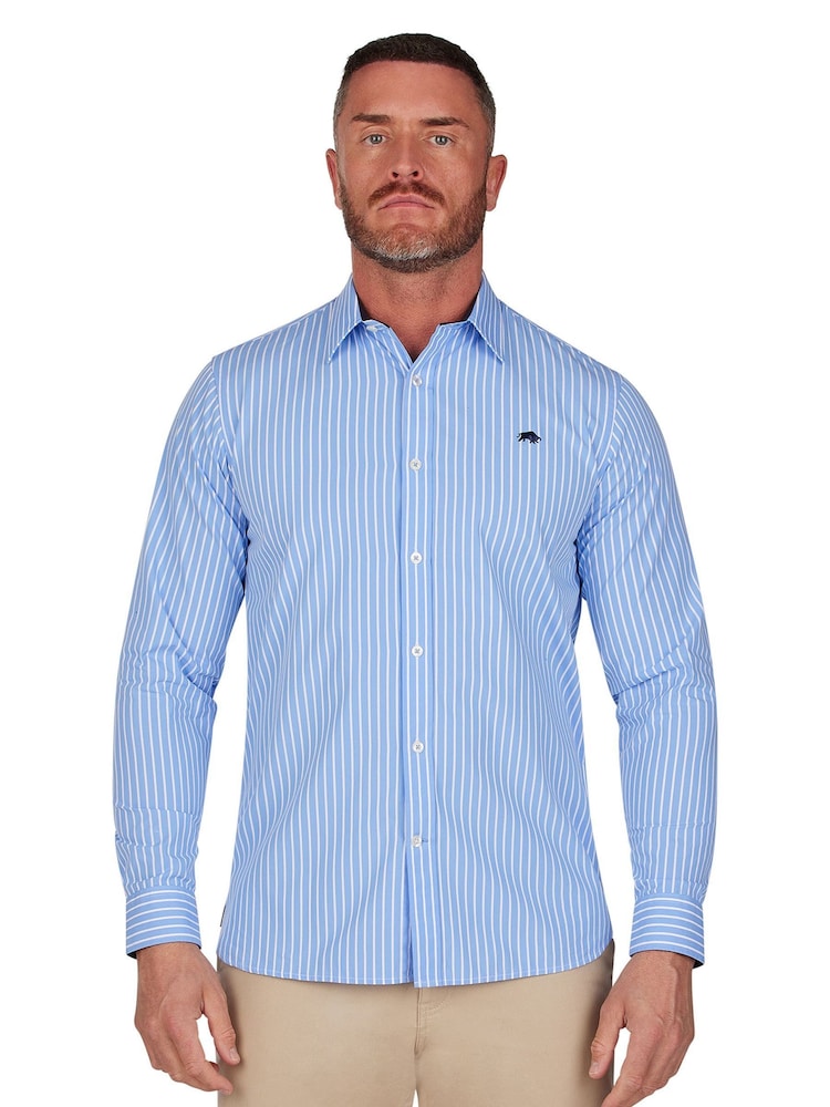 Raging Bull Blue Classic Long Sleeve Stripe 100% Cotton Shirt - Image 1 of 8
