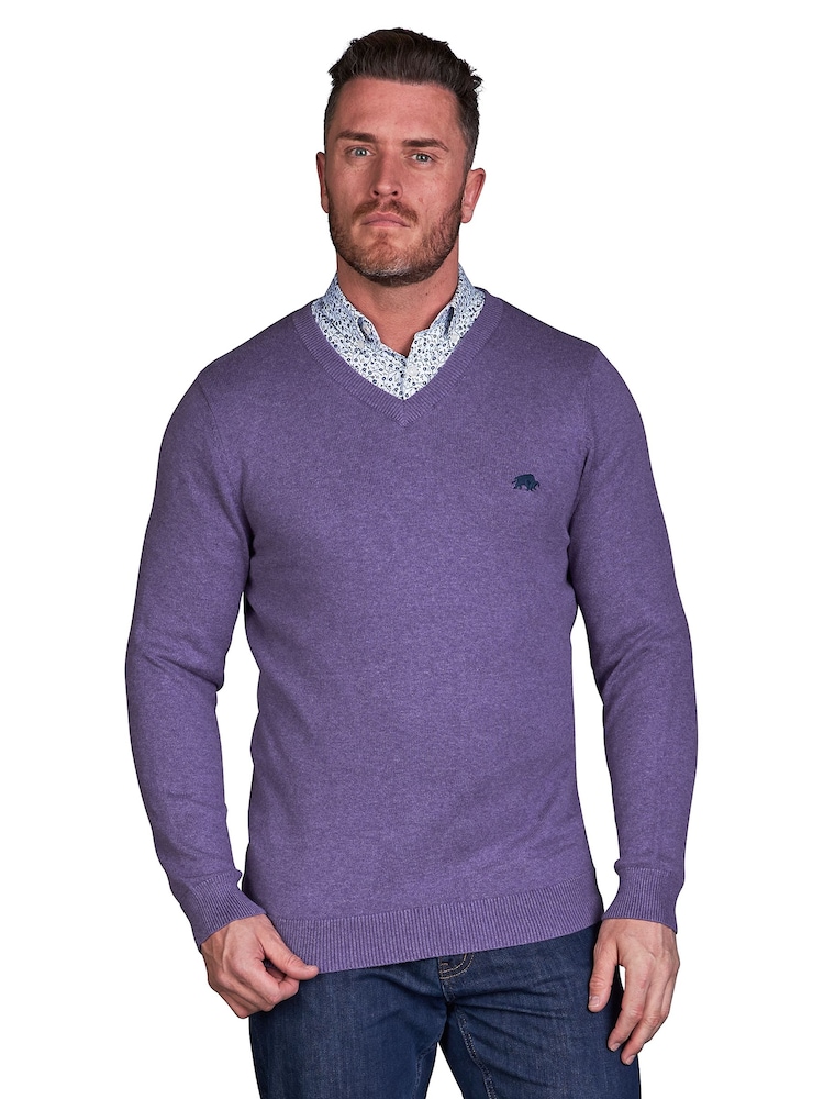 Raging Bull Purple Classic V-Neck Knit Jumper - Image 1 of 6
