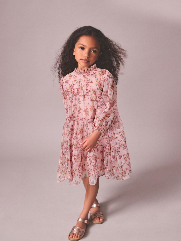 Pink Floral Metallic Chiffon Dress (3-16yrs) - Image 2 of 8