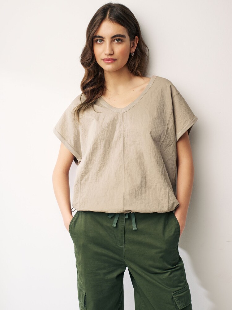 Neutral Short Sleeve Nylon Bubble Hem Top - Image 1 of 7