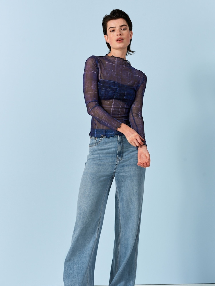 Denim Blue Long Sleeve Mesh Top - Image 2 of 6