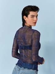 Denim Blue Long Sleeve Mesh Top - Image 3 of 6