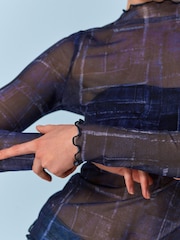 Denim Blue Long Sleeve Mesh Top - Image 4 of 6