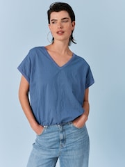 Blue Short Sleeve Nylon Bubble Hem Top - Image 1 of 6