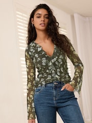 Khaki Green Ditsy Floral Long Sleeve Ruffle Front Mesh Top - Image 1 of 6