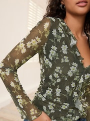 Khaki Green Ditsy Floral Long Sleeve Ruffle Front Mesh Top - Image 4 of 6