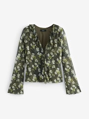 Khaki Green Ditsy Floral Long Sleeve Ruffle Front Mesh Top - Image 5 of 6