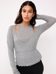 رمادي - بلوزة ملفوفة مزدوجة الطبقات - صورة 1 من 1