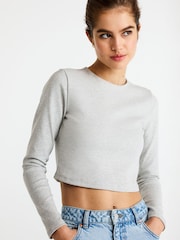 Grey Marl Double Layer Ribbed Long Sleeve Crew Neck Top - Image 1 of 6