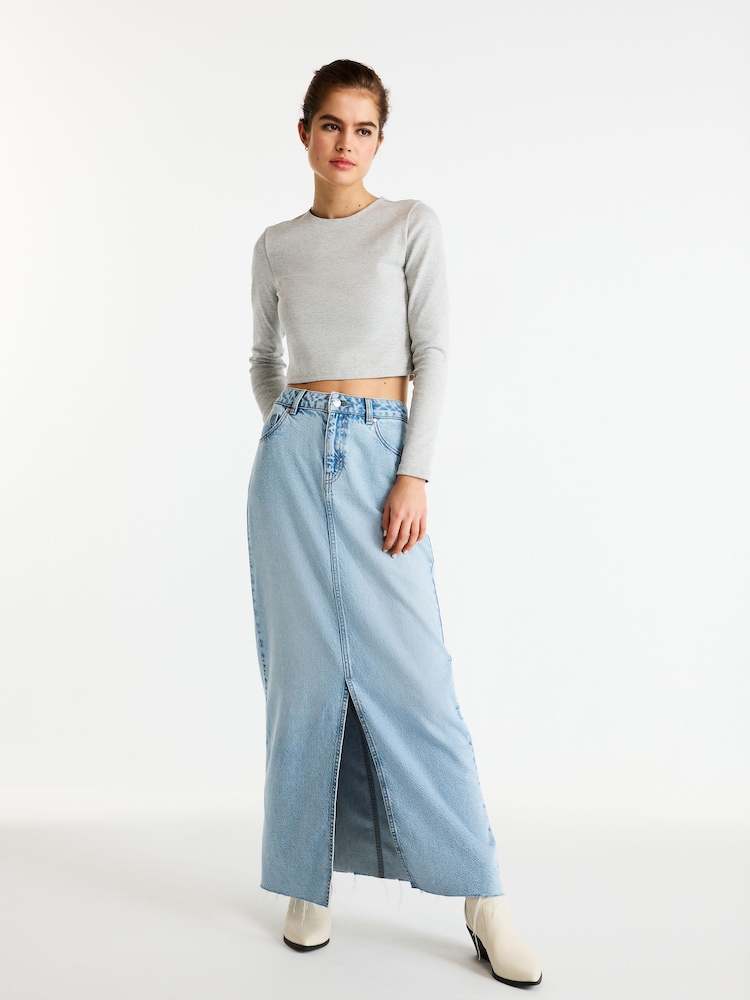Grey Marl Double Layer Ribbed Long Sleeve Crew Neck Top - Image 2 of 6