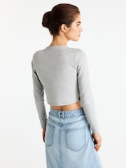 Grey Marl Double Layer Ribbed Long Sleeve Crew Neck Top - Image 3 of 6