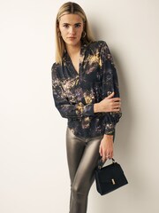 Black Butterfly Print Long Sleeve V-Neck Cuff Blouse - Image 2 of 5