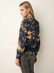 Black Butterfly Print Long Sleeve V-Neck Cuff Blouse - Image 3 of 5