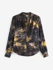 Black Butterfly Print Long Sleeve V-Neck Cuff Blouse - Image 4 of 5