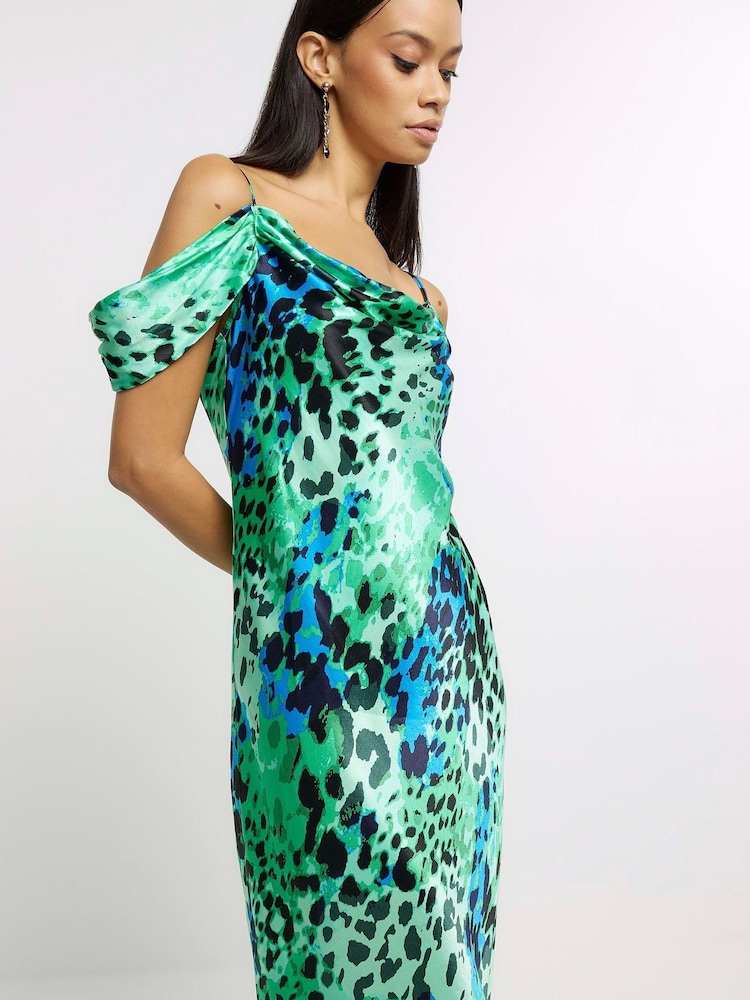 River Island Green Cowl Animal Print Dress - Image 3 of 3