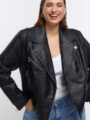 River Island Black Plus Faux Leather Biker Jacket - Image 3 of 3