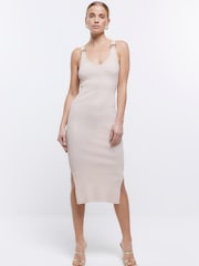 River Island Geripptes Kleid mit Metallverzierung in Goldmetallic - Bild 1 von 3