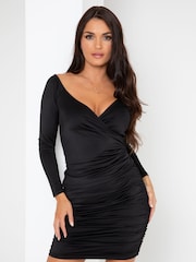 Pour Moi Black Adele Shine Jersey Ruche Mini Skirt - Image 1 of 5