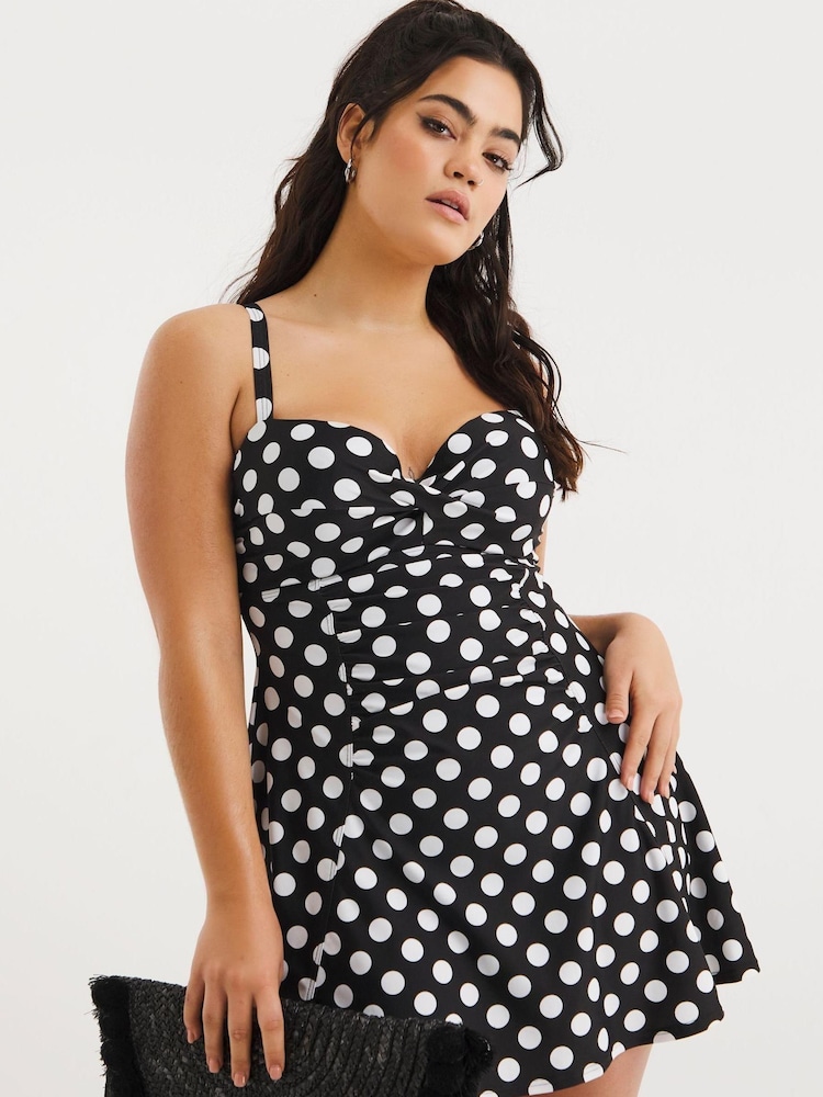 Simply Be Magisculpt Spot Black Underwired Twist Front Swimdress - Image 1 of 4
