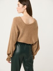 Camel Brown Premium 100% Lambswool Asymmetric Neck Jumper - Image 2 of 8