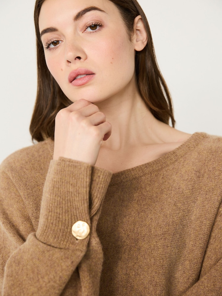 Camel Brown Premium 100% Lambswool Asymmetric Neck Jumper - Image 4 of 8