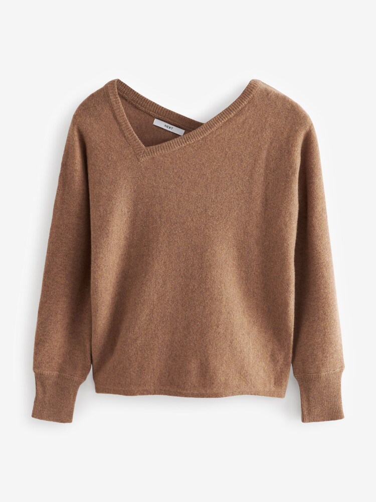 Camel Brown Premium 100% Lambswool Asymmetric Neck Jumper - Image 5 of 8