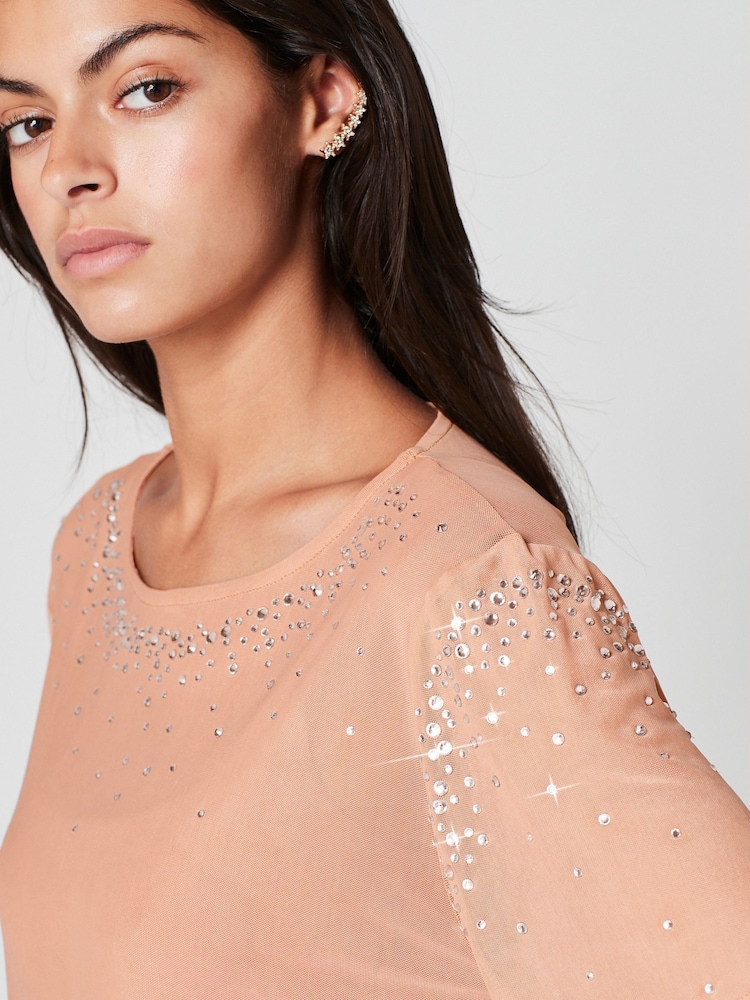 Nude Cream Mesh Short Sleeve Scatter Sparkle Top - Image 1 of 6