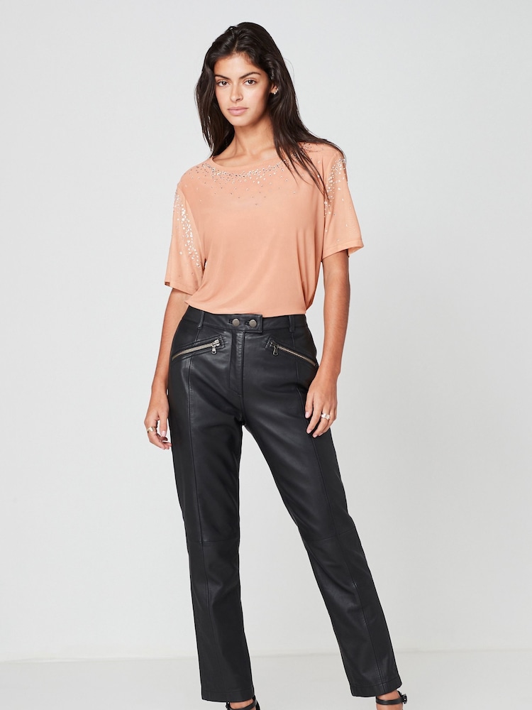 Nude Cream Mesh Short Sleeve Scatter Sparkle Top - Image 2 of 6