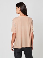 Nude Cream Mesh Short Sleeve Scatter Sparkle Top - Image 3 of 6