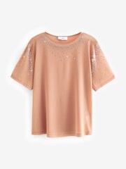 Nude Cream Mesh Short Sleeve Scatter Sparkle Top - Image 4 of 6