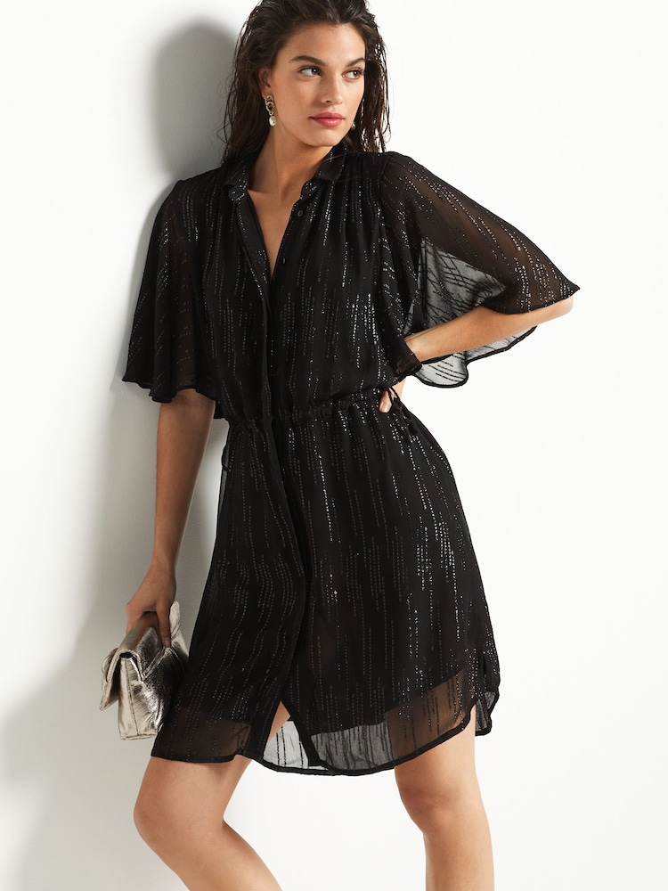 Black Sparkle Flutter Sleeve Tie Waist Mini Dress - Image 1 of 5 Black Sparkle Flutter Sleeve Tie Waist Mini Dress - Image 1 of 5